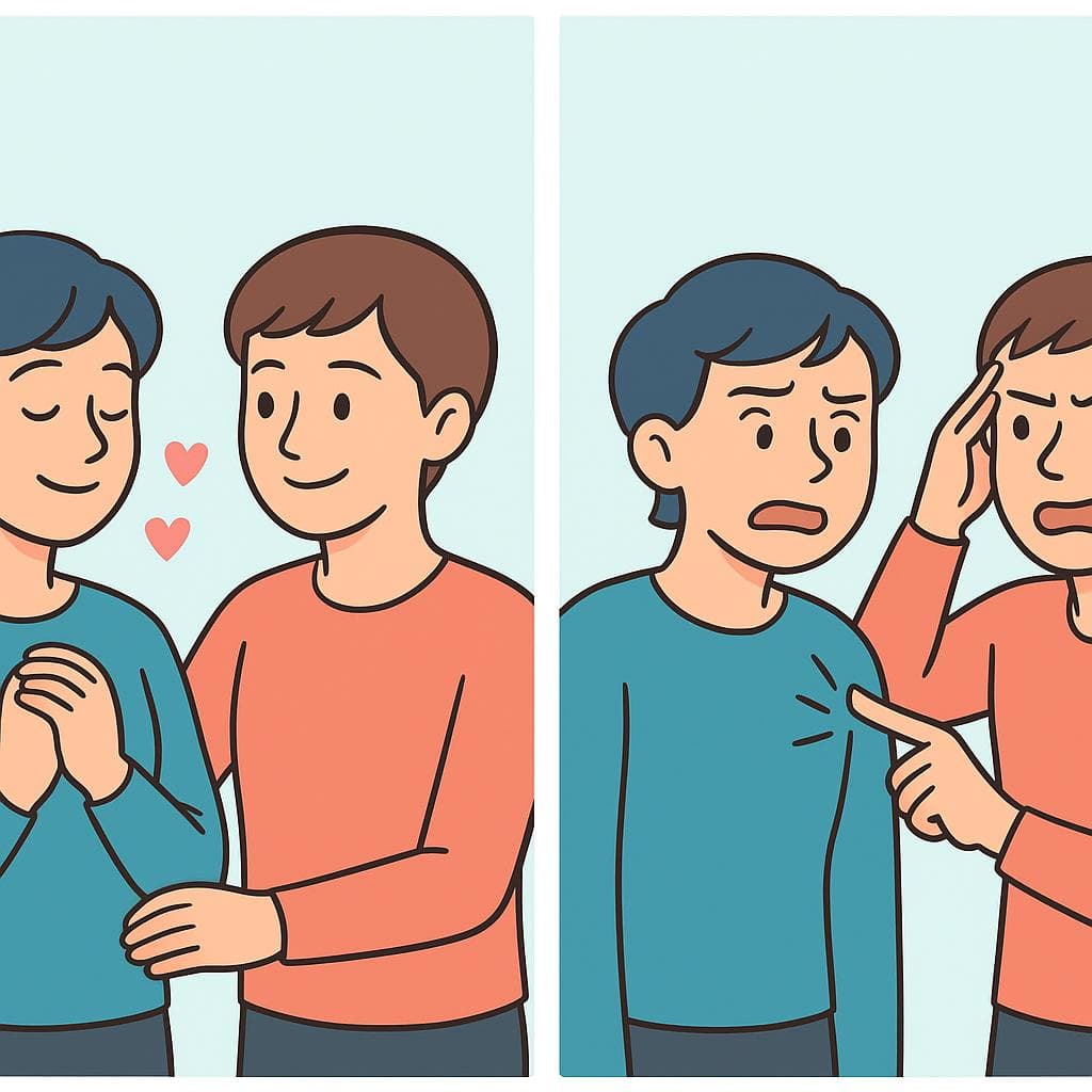 A two-panel cartoon showing the two meanings of 'you drive me crazy'. One panel shows love, the other shows playful annoyance.