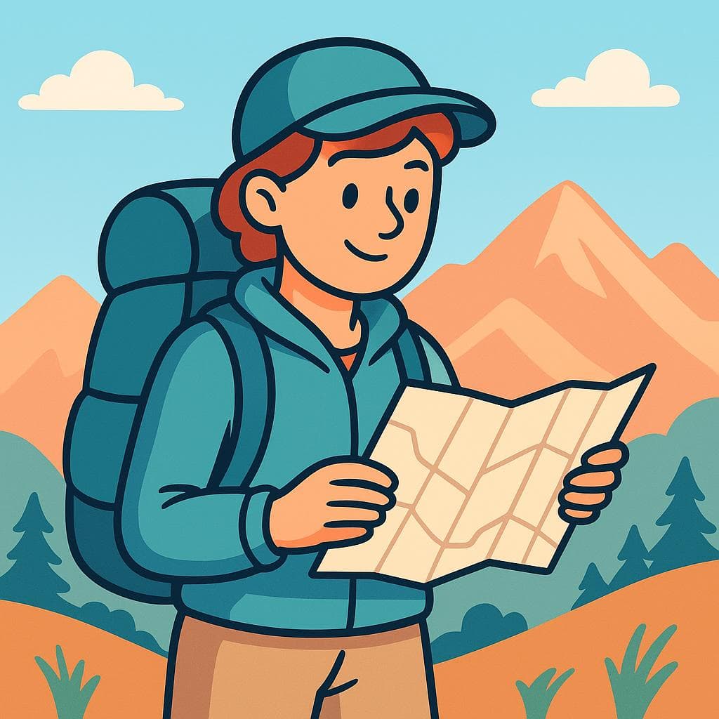 A solo backpacker standing with a map, looking out at a beautiful mountain range, representing the freedom and adventure of traveling alone.