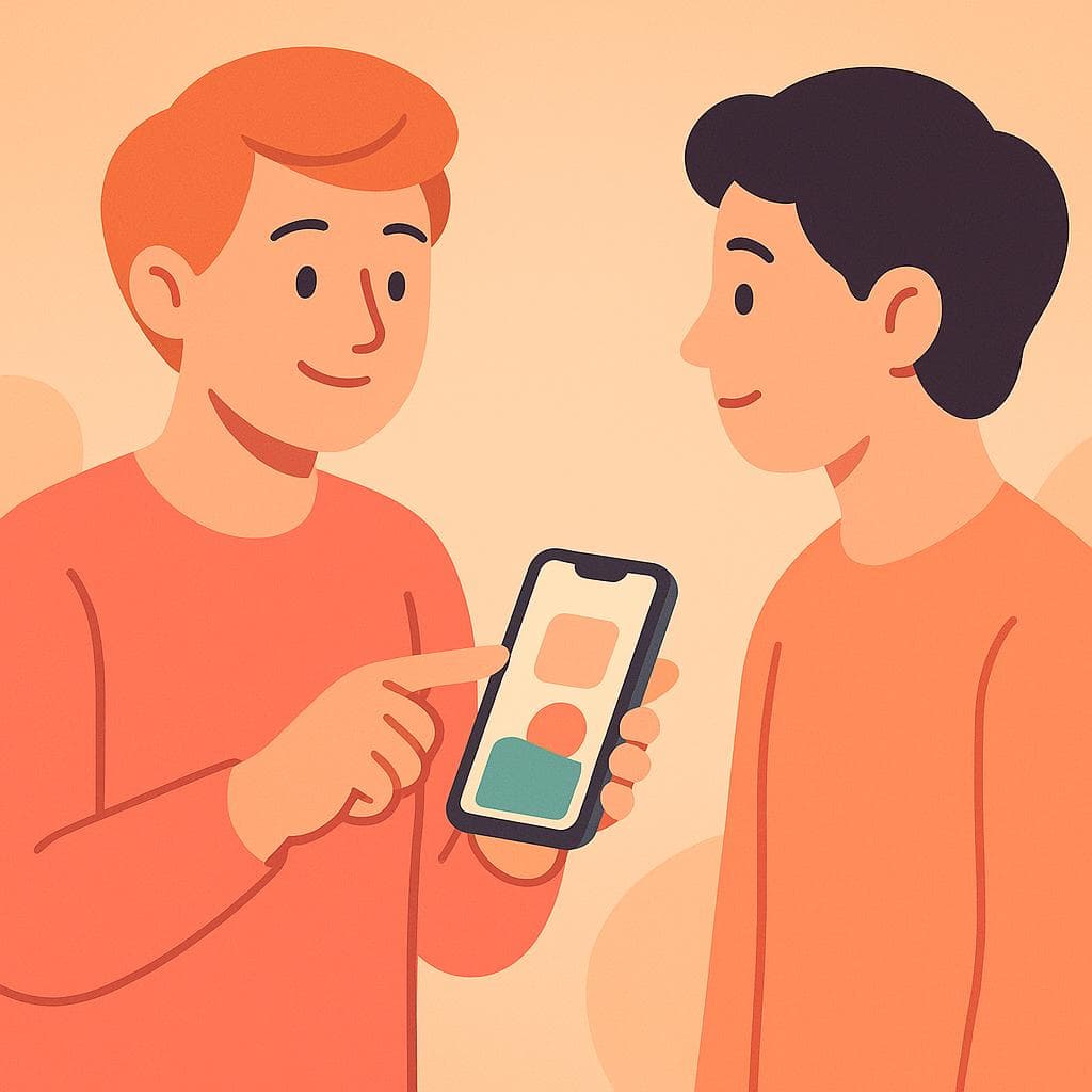 A cartoon person asking another person to send them a message on their smartphone.