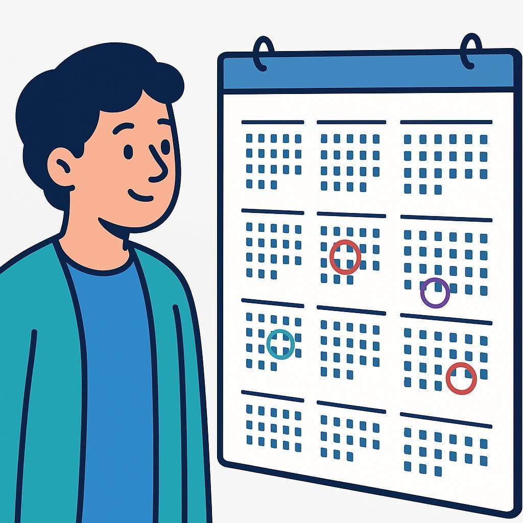 A cartoon character looking thoughtfully at a wall calendar where a few dates are circled sporadically, illustrating the concept of 'from time to time.'