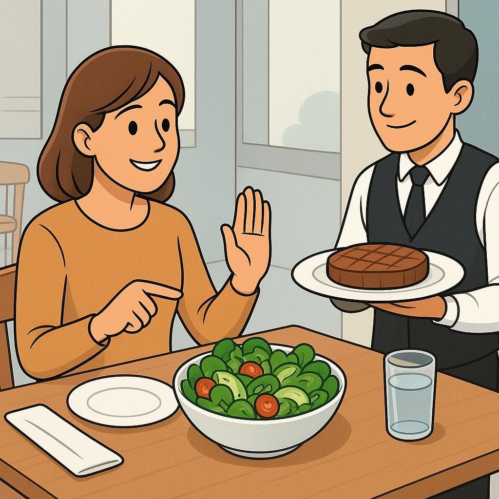 A diner politely declining meat and choosing a salad at a restaurant