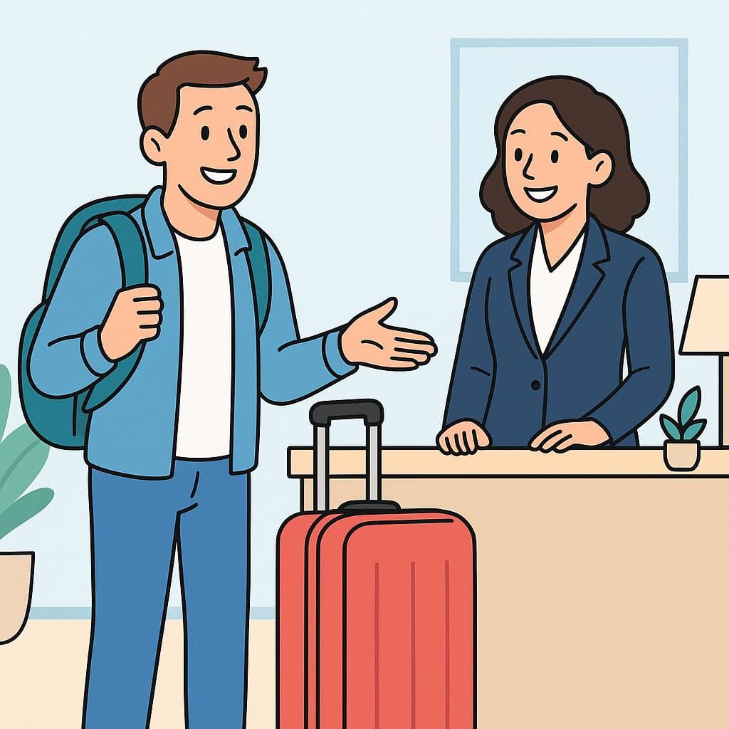A traveler at a hotel front desk asking the receptionist if they can store their luggage.