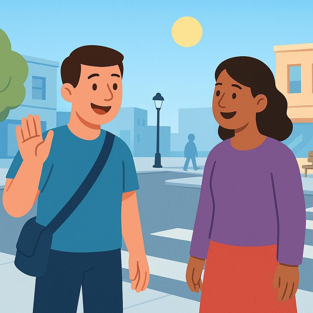 A cartoon illustration of two people happily greeting each other on a street in the afternoon.