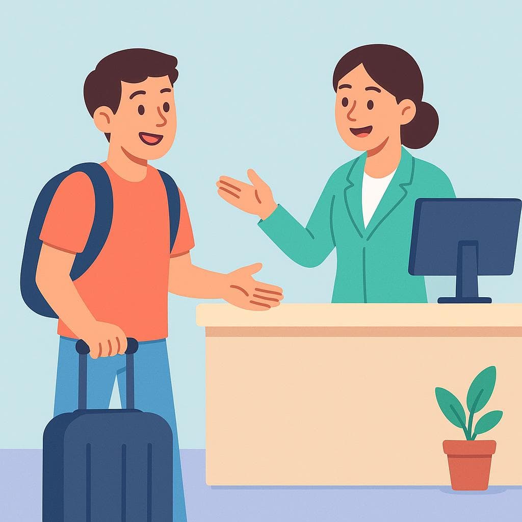 A traveler with a backpack and suitcase smiling while talking to a hotel receptionist who is looking at a computer screen.