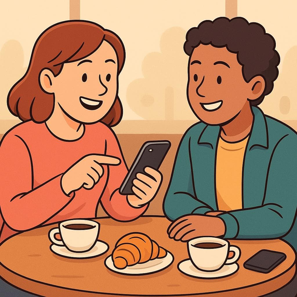 A cartoon of two friends at a café, one indicating to the other to get in touch later via their phone.