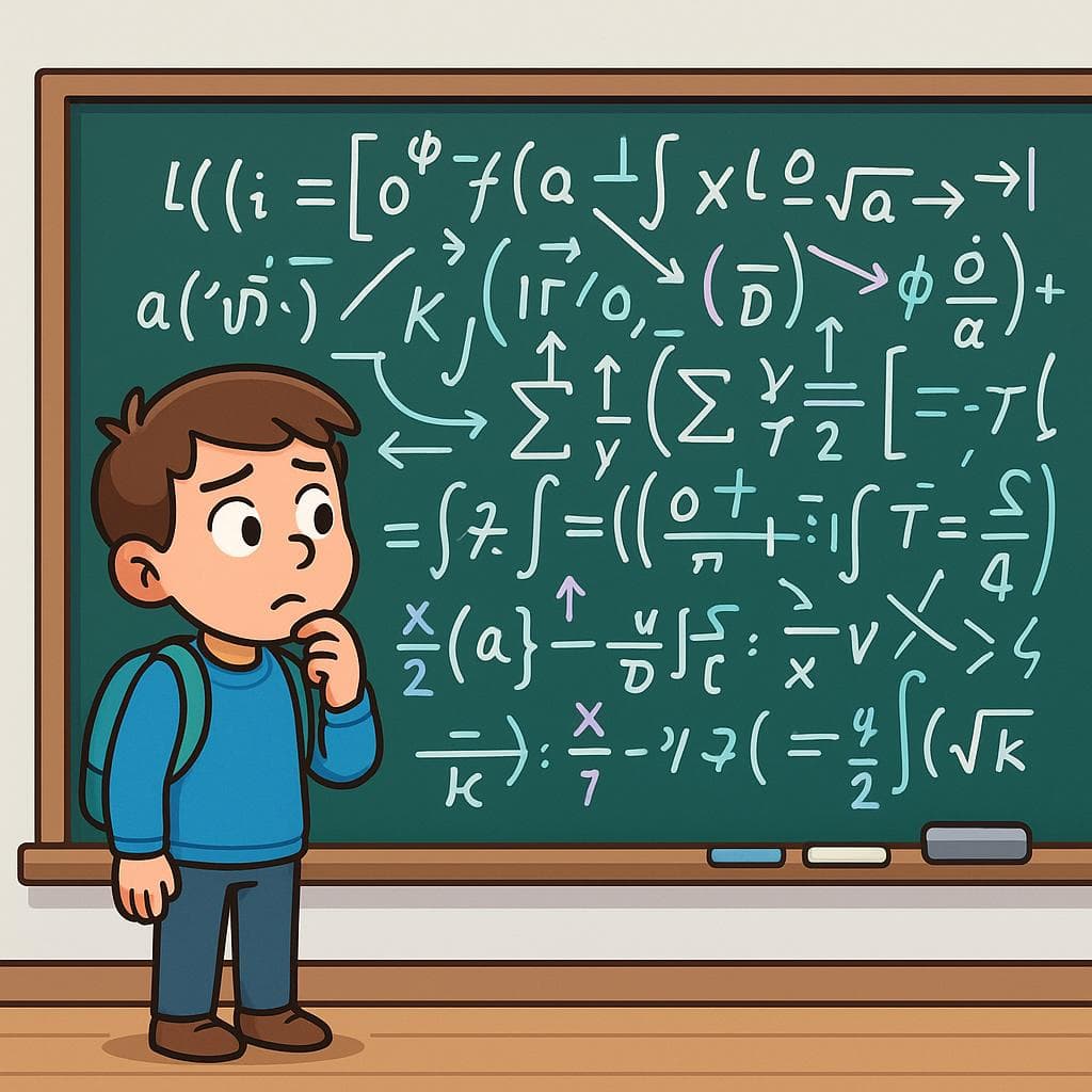 A cartoon student looking confused by a very difficult math problem on a blackboard.