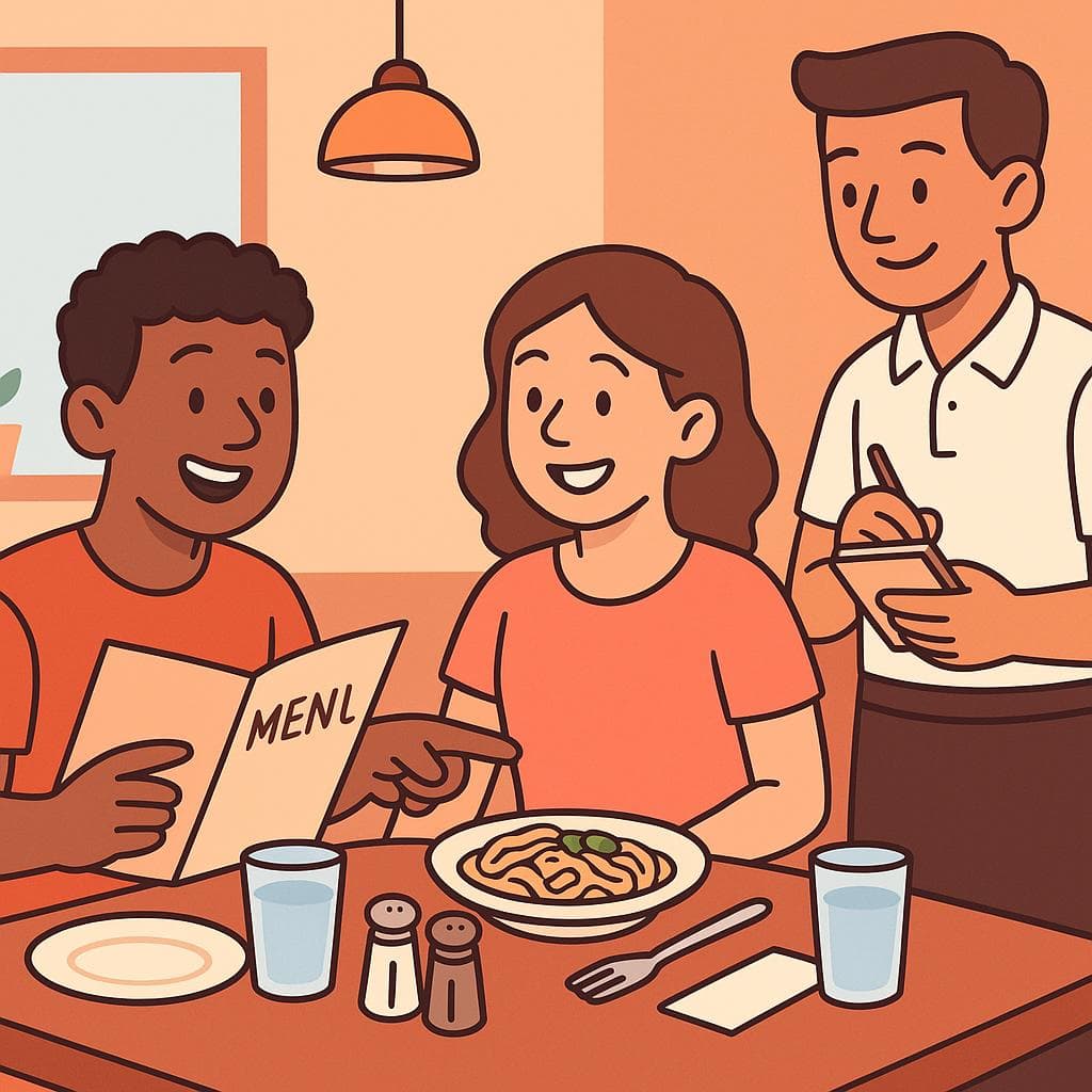 Two friends at a restaurant, one pointing to the other's food to order the same thing from the waiter.