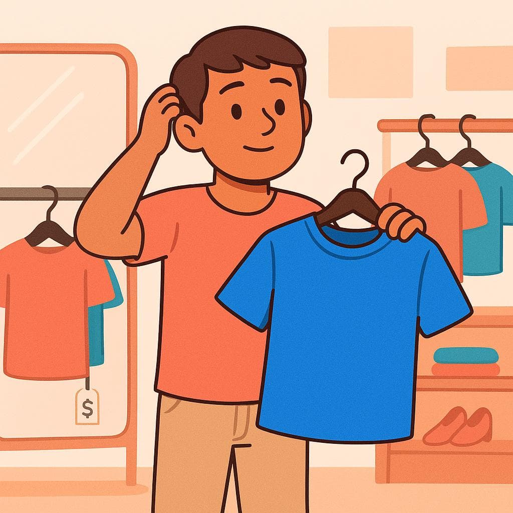 A cartoon person in a shop looking confused while holding a shirt, representing searching for something.