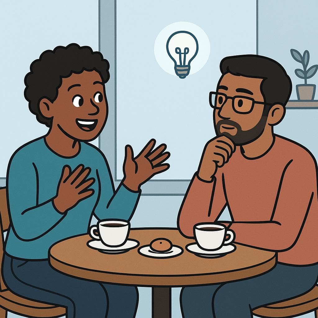 A cartoon of two people in conversation. One is talking animatedly while the other listens with a look of genuine interest, signifying they've just heard something fascinating.