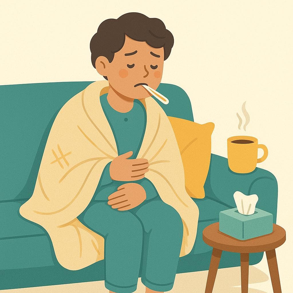 A cartoon illustration of a sick person wrapped in a blanket on a sofa with tea and tissues.
