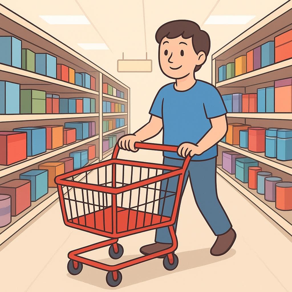 A cartoon drawing of a person shopping for groceries in a supermarket aisle filled with food.
