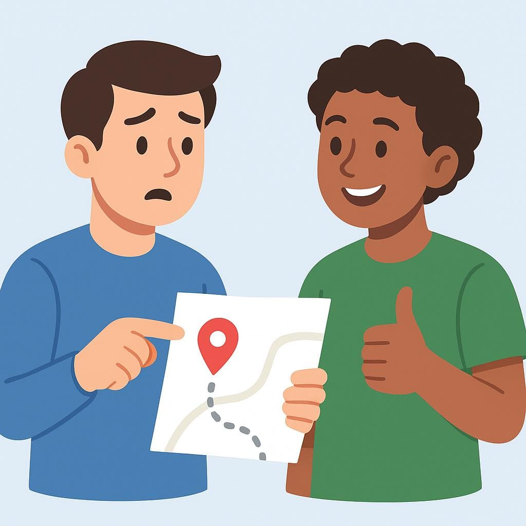 A cartoon of one person asking for directions with a map, and another person confirming the correct route with a smile and a thumbs-up.