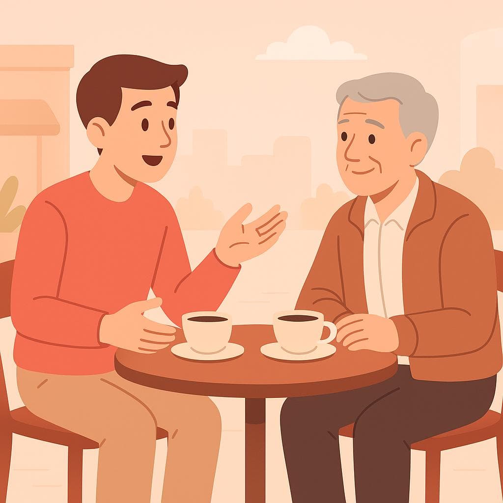 A cartoon illustration of a young person and an older person having a friendly conversation, representing someone asking another person their age respectfully.