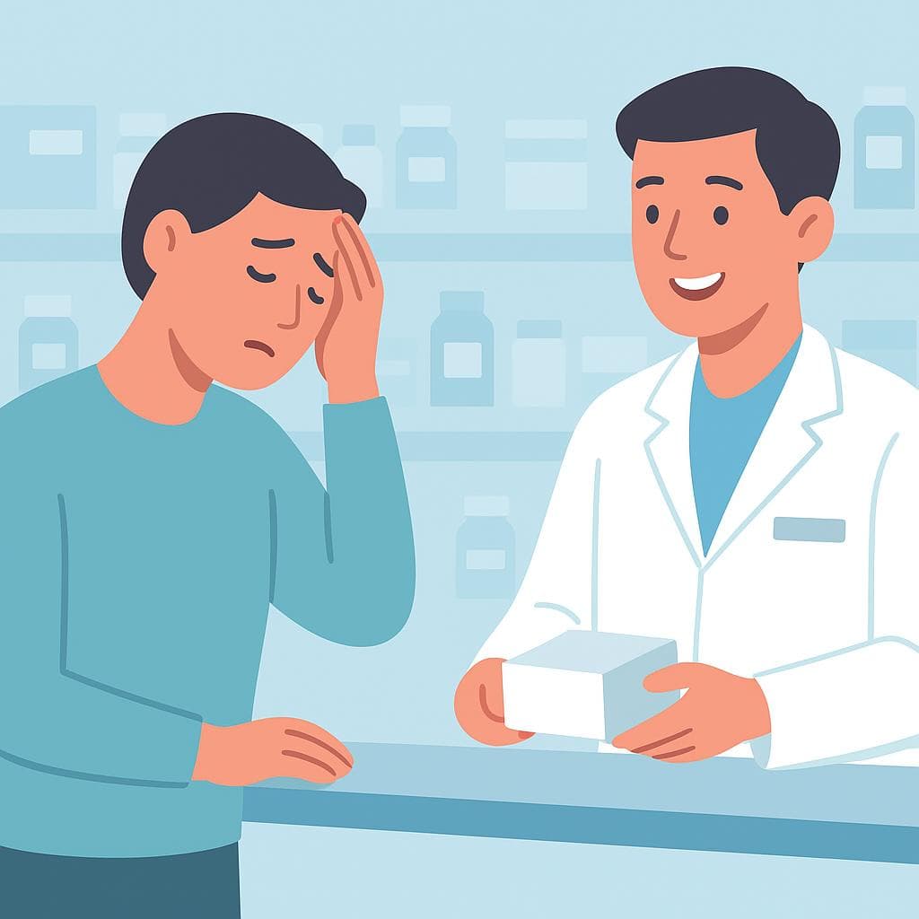 A customer at a pharmacy counter asking a pharmacist for medicine for a headache