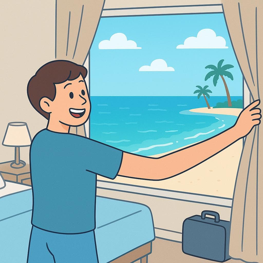 A cartoon person in a hotel room looking out the window at a beautiful beach view.