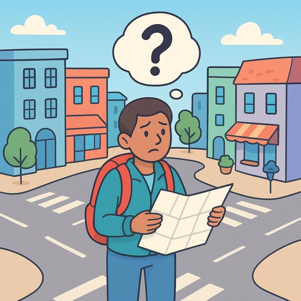 A cartoon tourist stands at a city crossroads, looking at a map with a confused expression, symbolizing the feeling of being lost.
