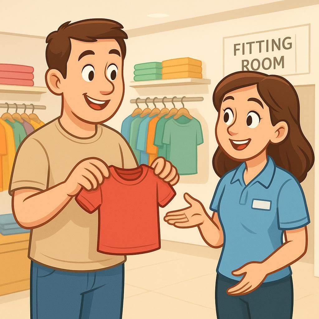 Customer holding a small t-shirt asking a shop assistant for help in a clothing store
