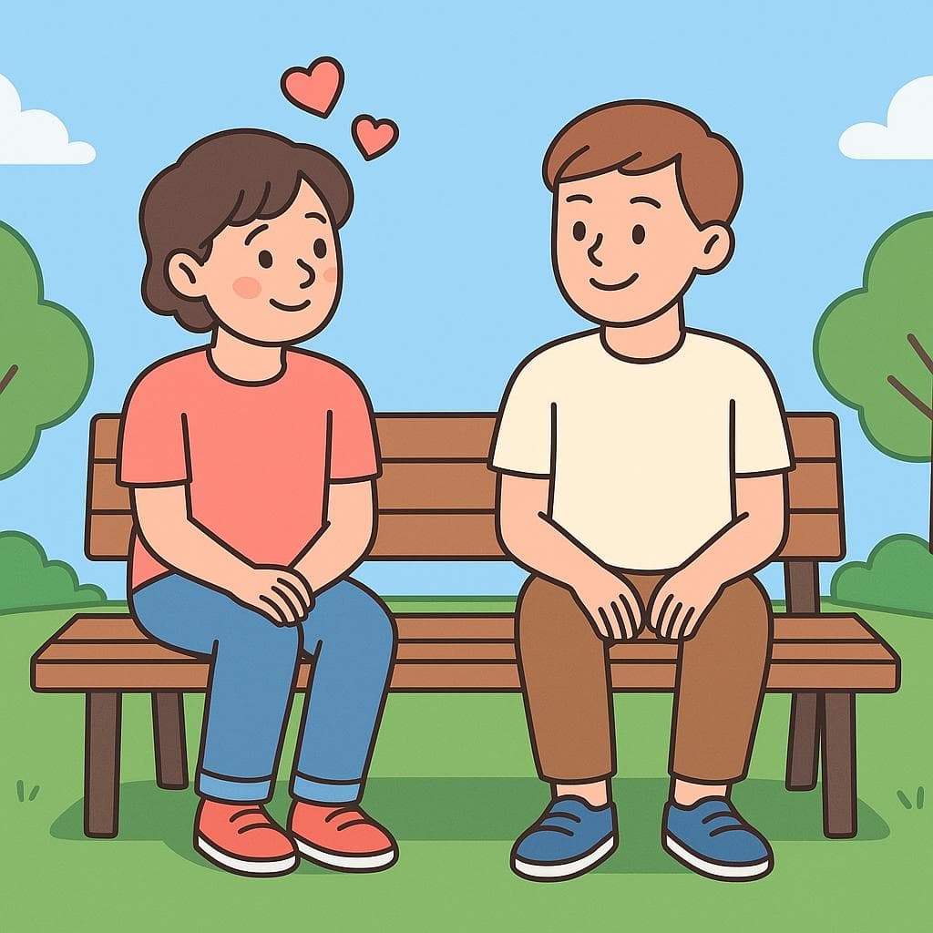 A cartoon of one person confessing their romantic feelings for another on a park bench.