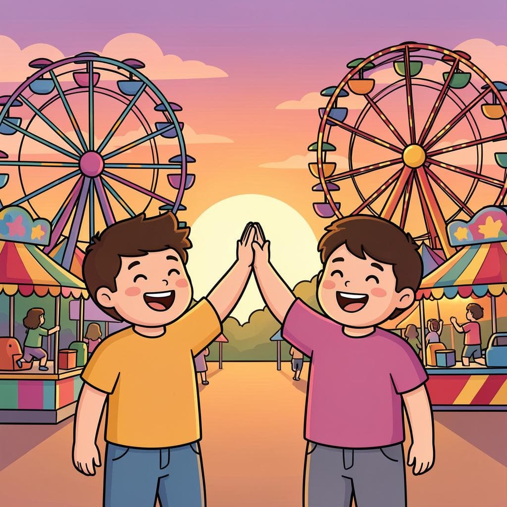 Two friends smiling and high-fiving at a carnival.
