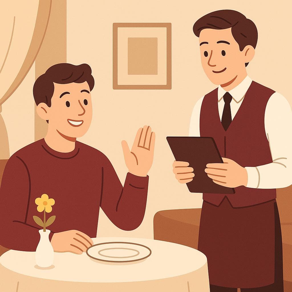 A customer at a restaurant politely asking a waiter for the wine list