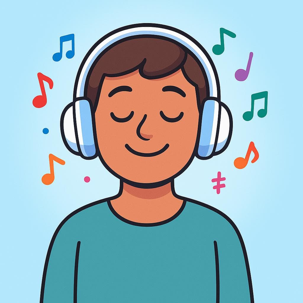 A cartoon person joyfully listening to music on headphones.