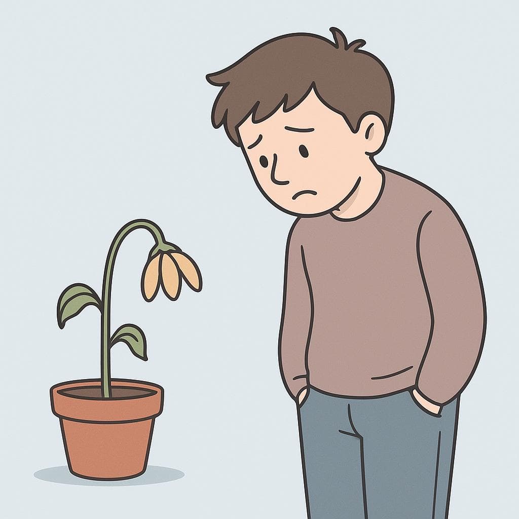 A cartoon person looks sadly at a drooping plant in a flowerpot, symbolizing disappointment and unmet expectations.