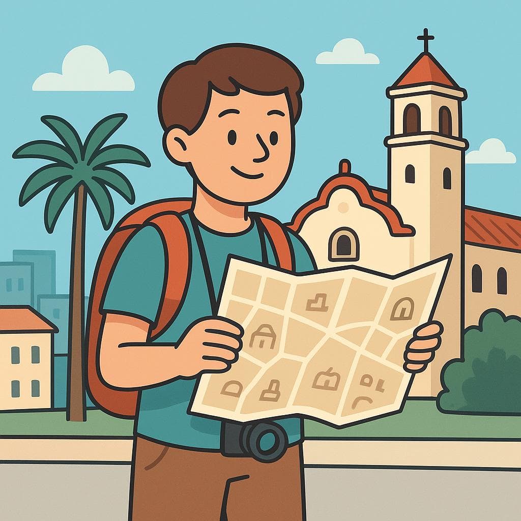 A cartoon tourist with a backpack and camera consults a map in a generic Spanish-speaking city.