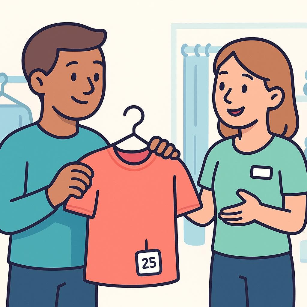 A customer in a store holding a shirt and signaling to the cashier that they want to purchase it