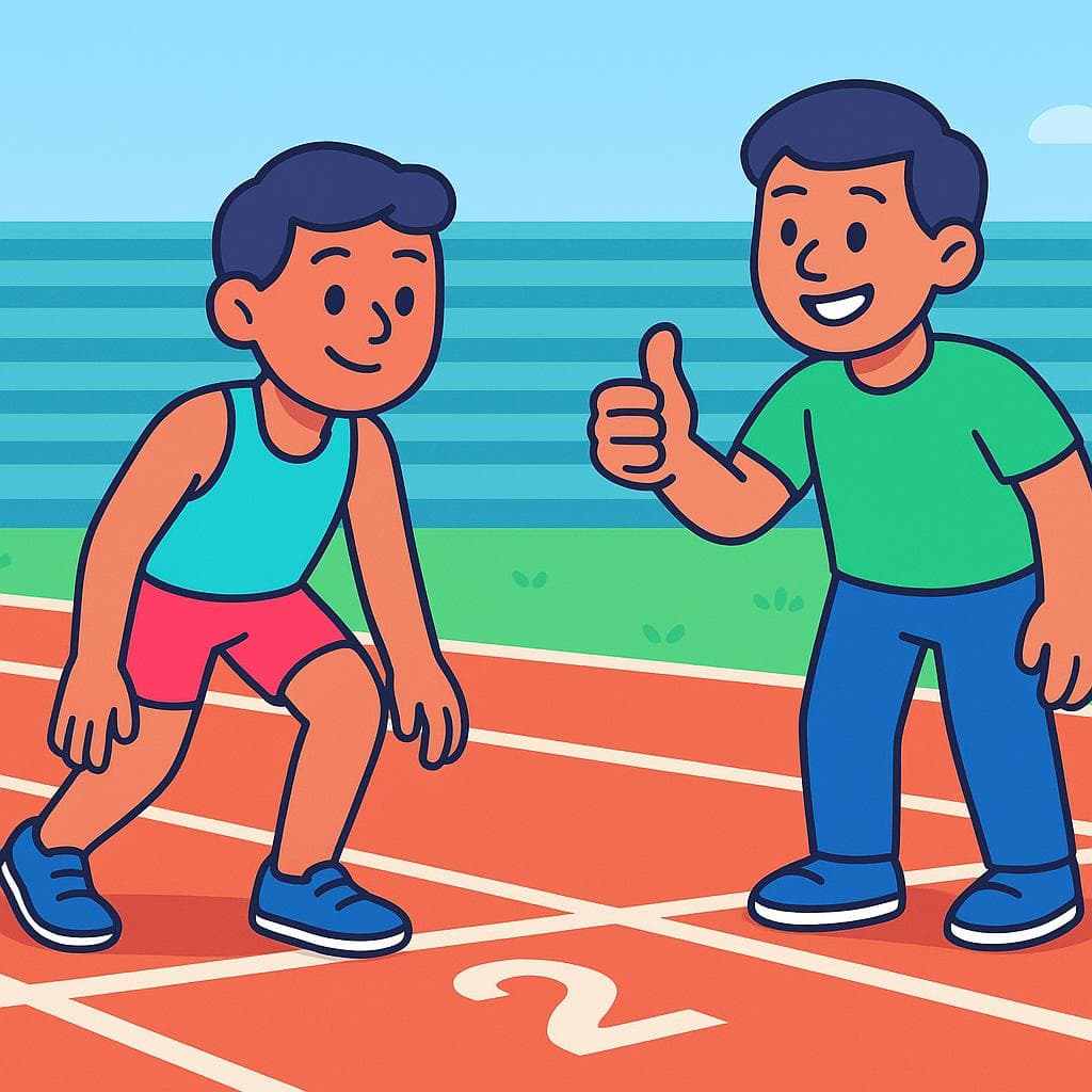 A cartoon character encouraging a friend who is about to run a race, symbolizing the phrase 'Go for it!' in Spanish.