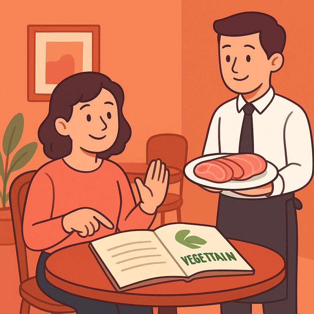 A diner politely declining a pork dish at a restaurant