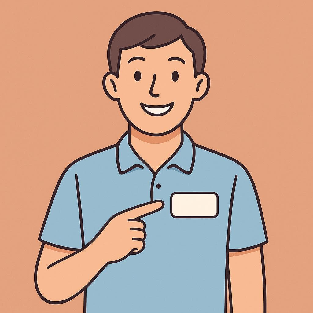 A person introducing themselves by pointing to their name tag.