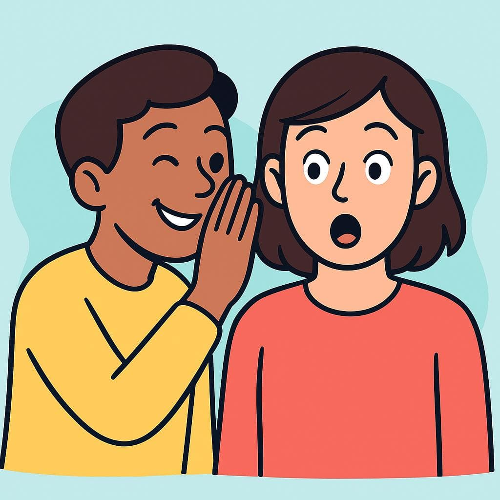 A cartoon character winks while telling a friend a secret, who looks surprised. This illustrates the concept of 'just kidding'.