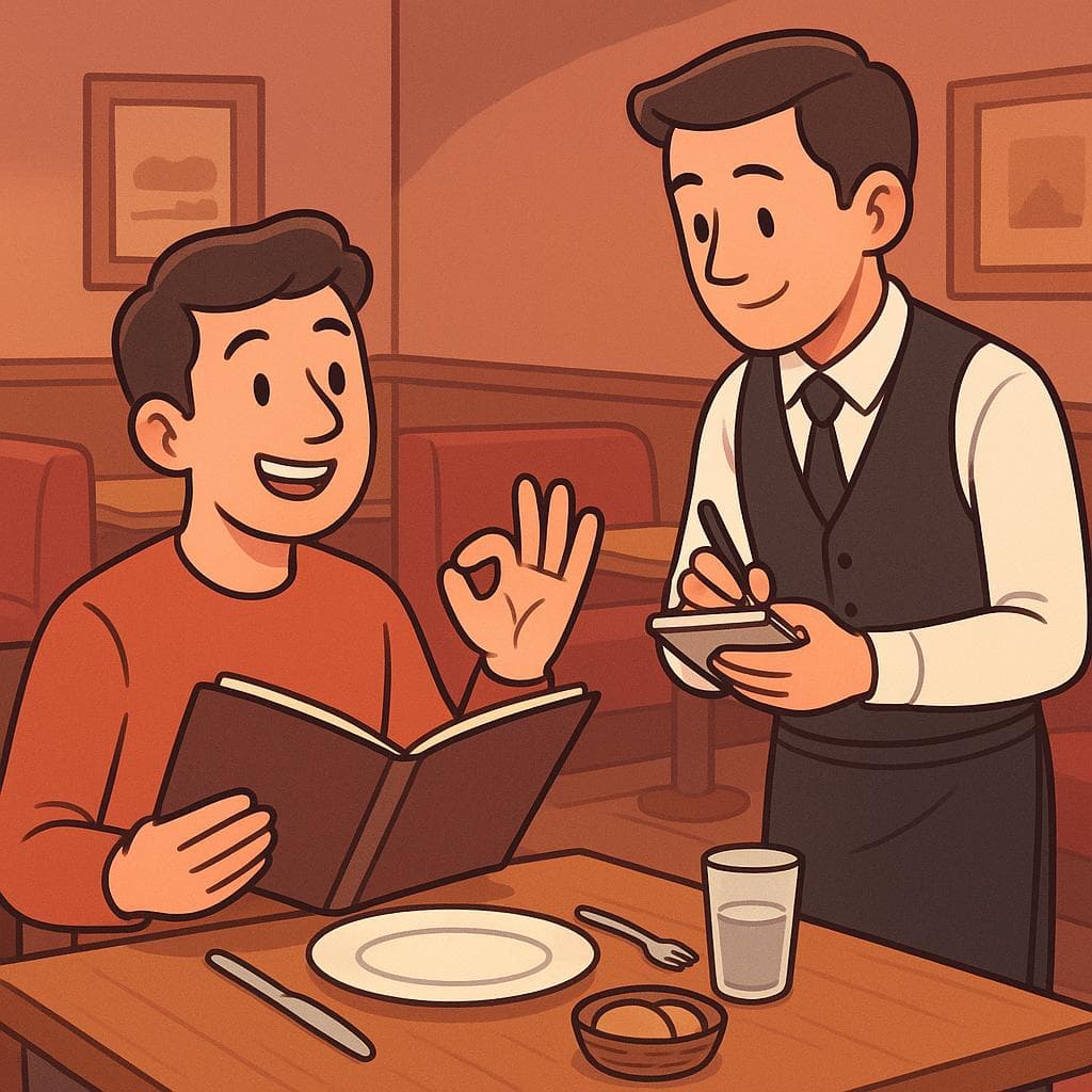 A customer in a restaurant ordering food and gesturing to the waiter to indicate how they want their steak cooked.