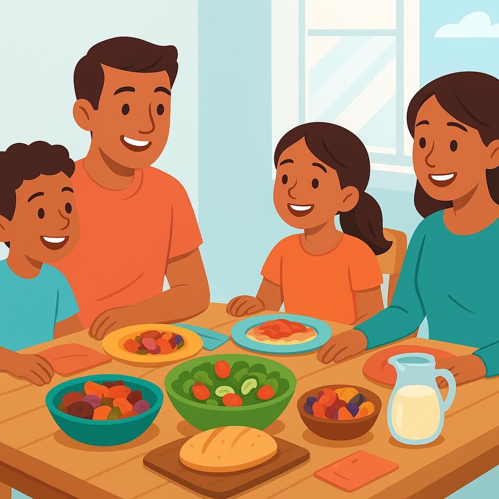 An illustration of a family enjoying a large midday meal together at a sunlit dining table, representing the Spanish concept of 'almuerzo'.