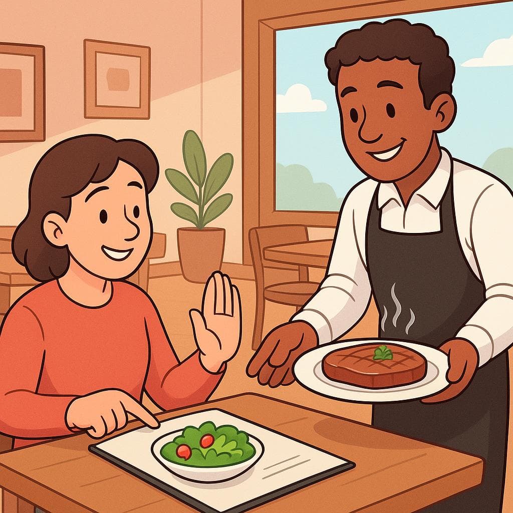A restaurant customer politely declining a meat dish and pointing to a salad option on the menu.