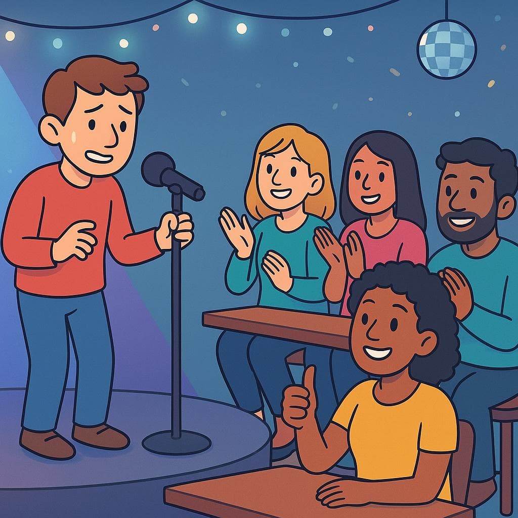 A cartoon person on a karaoke stage looking shy, with a friend in the crowd smiling and giving a thumbs-up to encourage them.