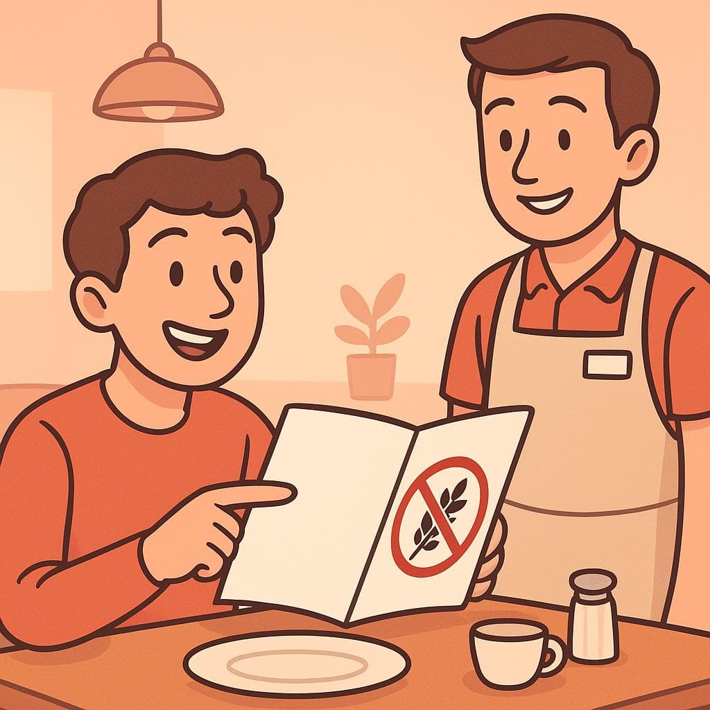 A diner asking a waiter about gluten-free options on a menu