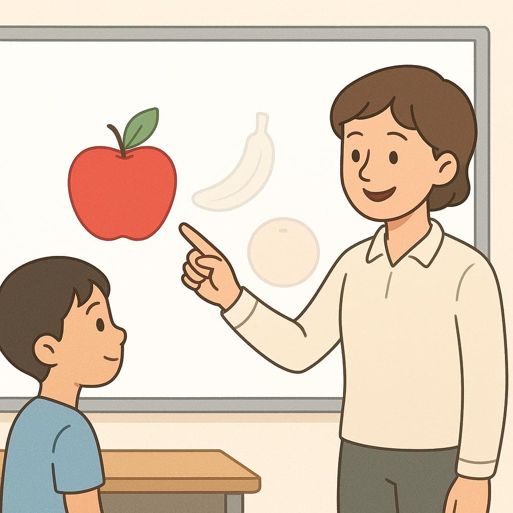 A cartoon drawing of a teacher explaining the concept of 'fruit' to a student by pointing to a clear example of an apple on a whiteboard.