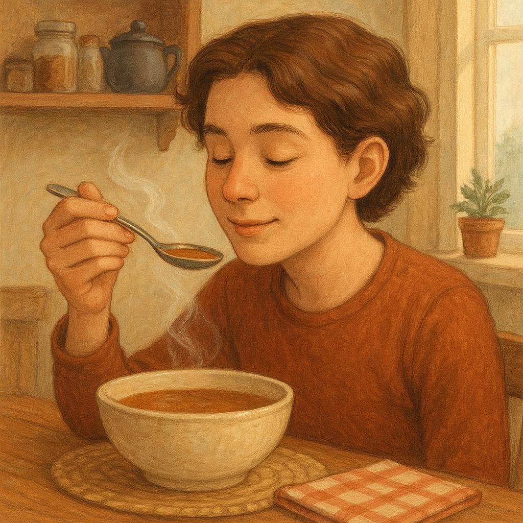 A person with a thoughtful expression tasting a spoonful of soup, evaluating its flavor.