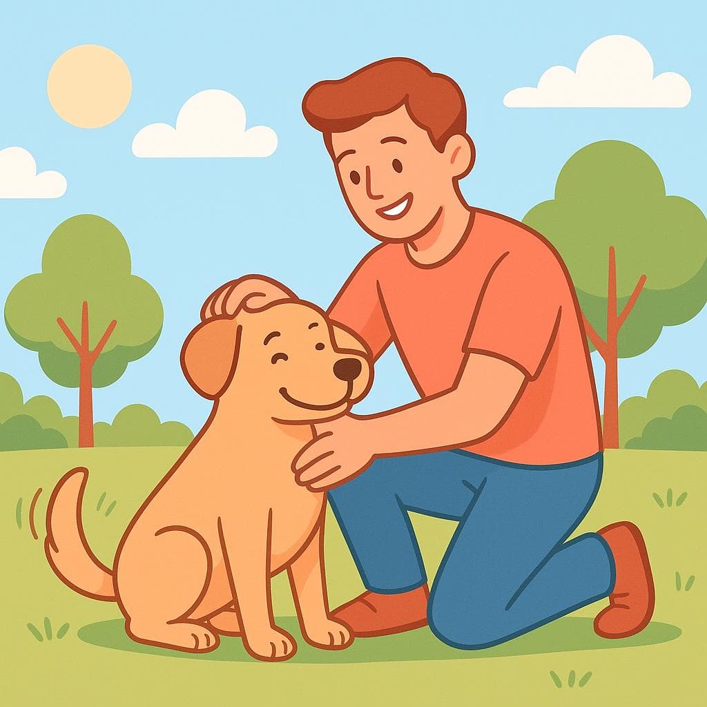 A person smiling while petting their happy dog on the head.