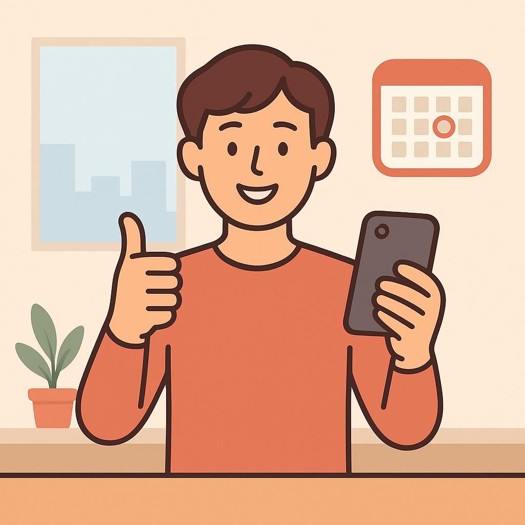 A cartoon person in an office gives a thumbs-up while holding a phone, indicating they will follow up and let someone know information later.