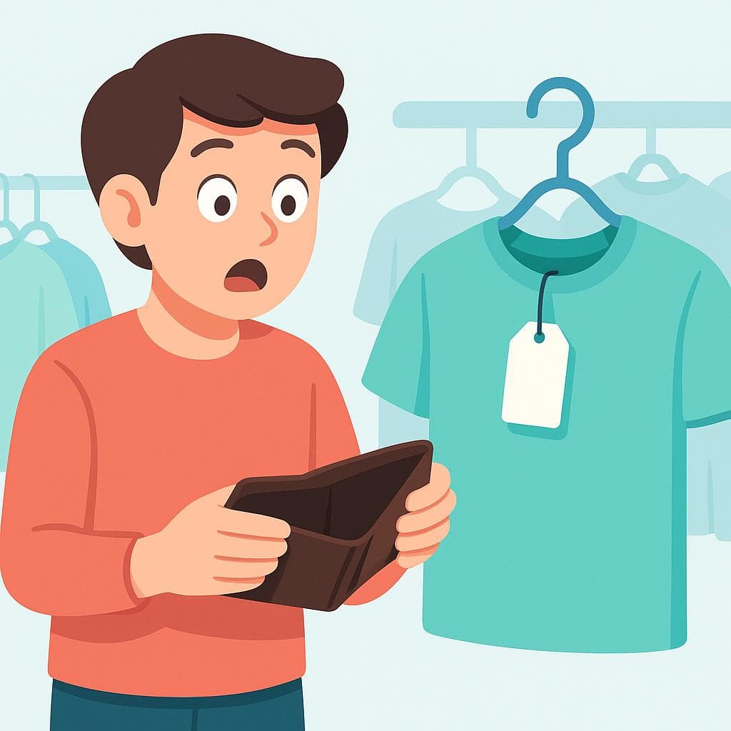 Cartoon of a shopper looking shocked at a price tag while holding an empty wallet