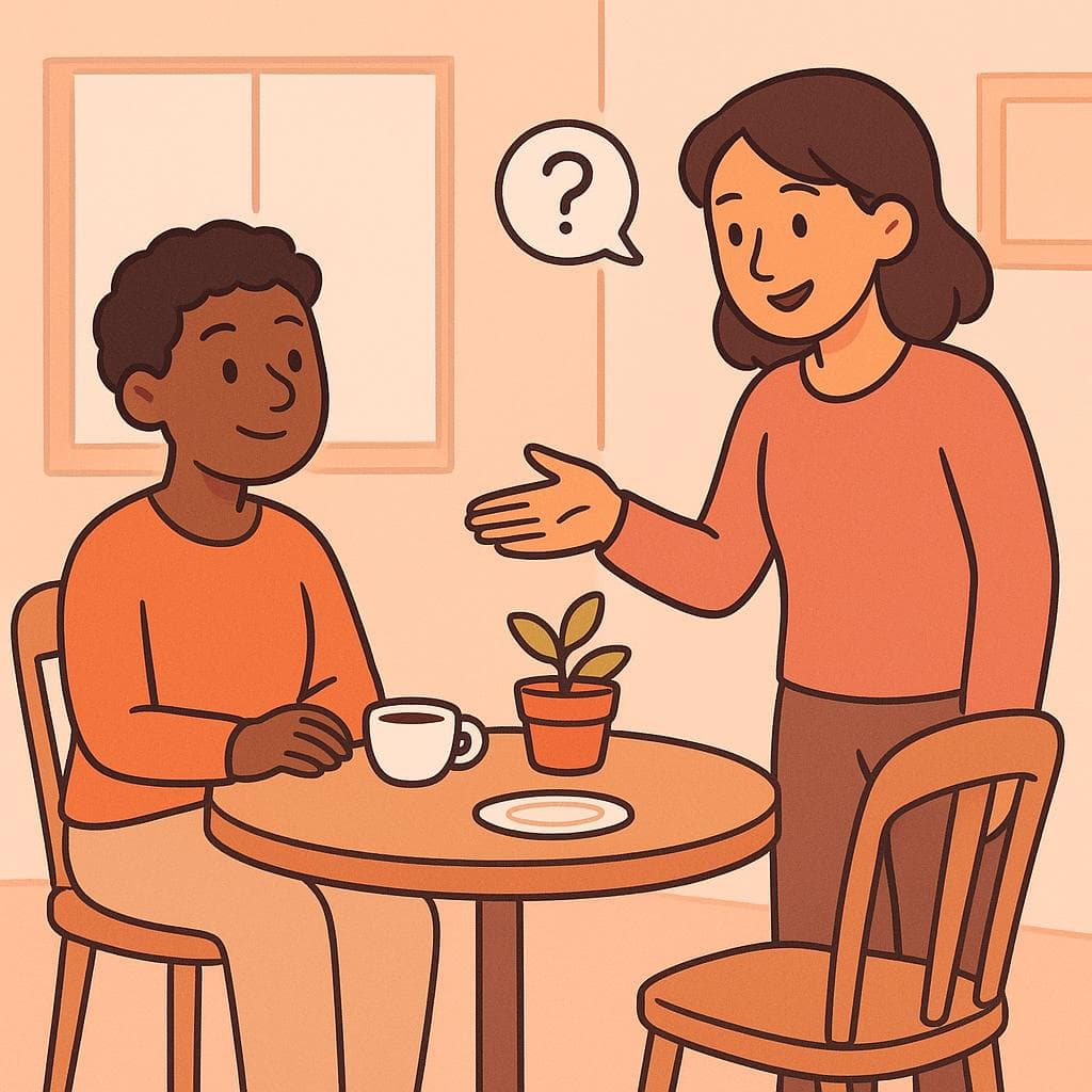 A person asking if they can sit at an empty seat at a cafe table where another person is already sitting.