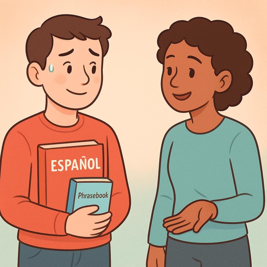 A learner with a Spanish book talking to a native speaker who is smiling kindly.