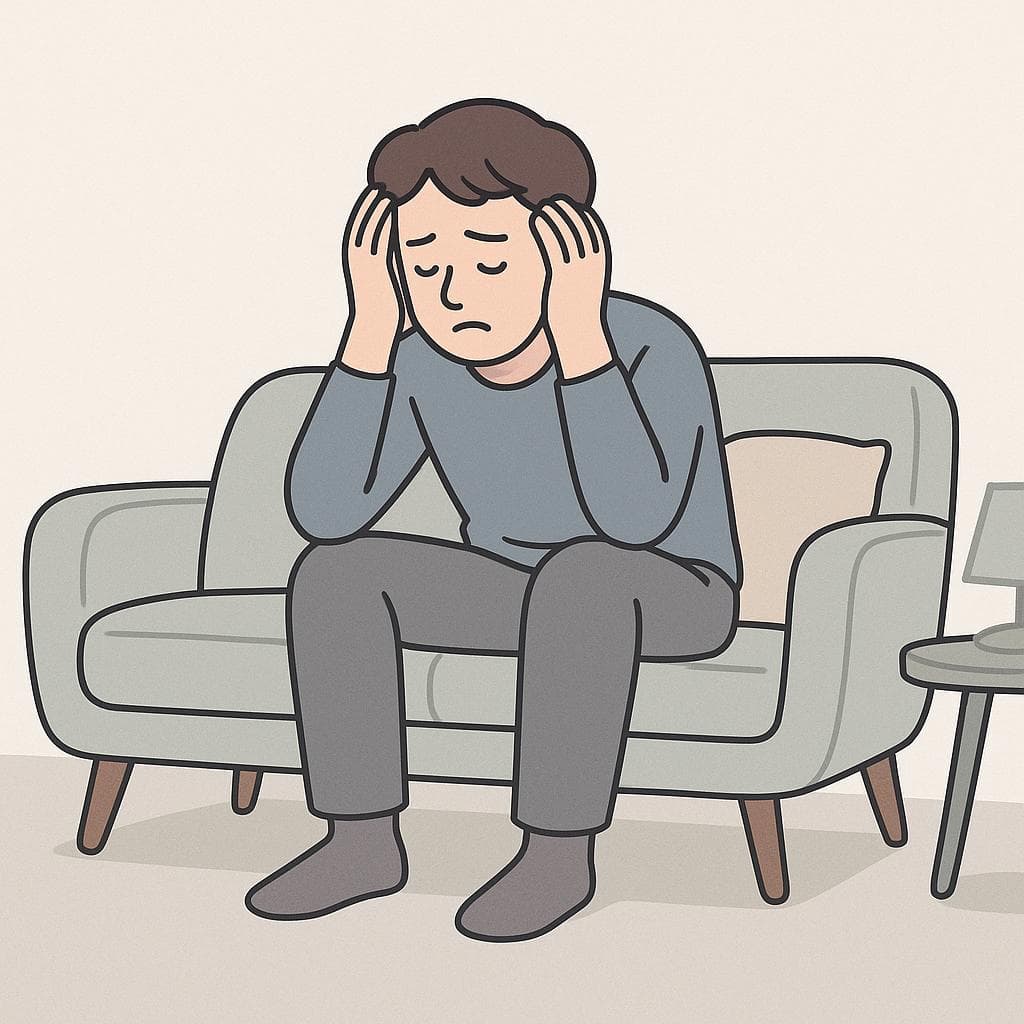 Illustration of a person with a headache, sitting down and holding their head in their hands.