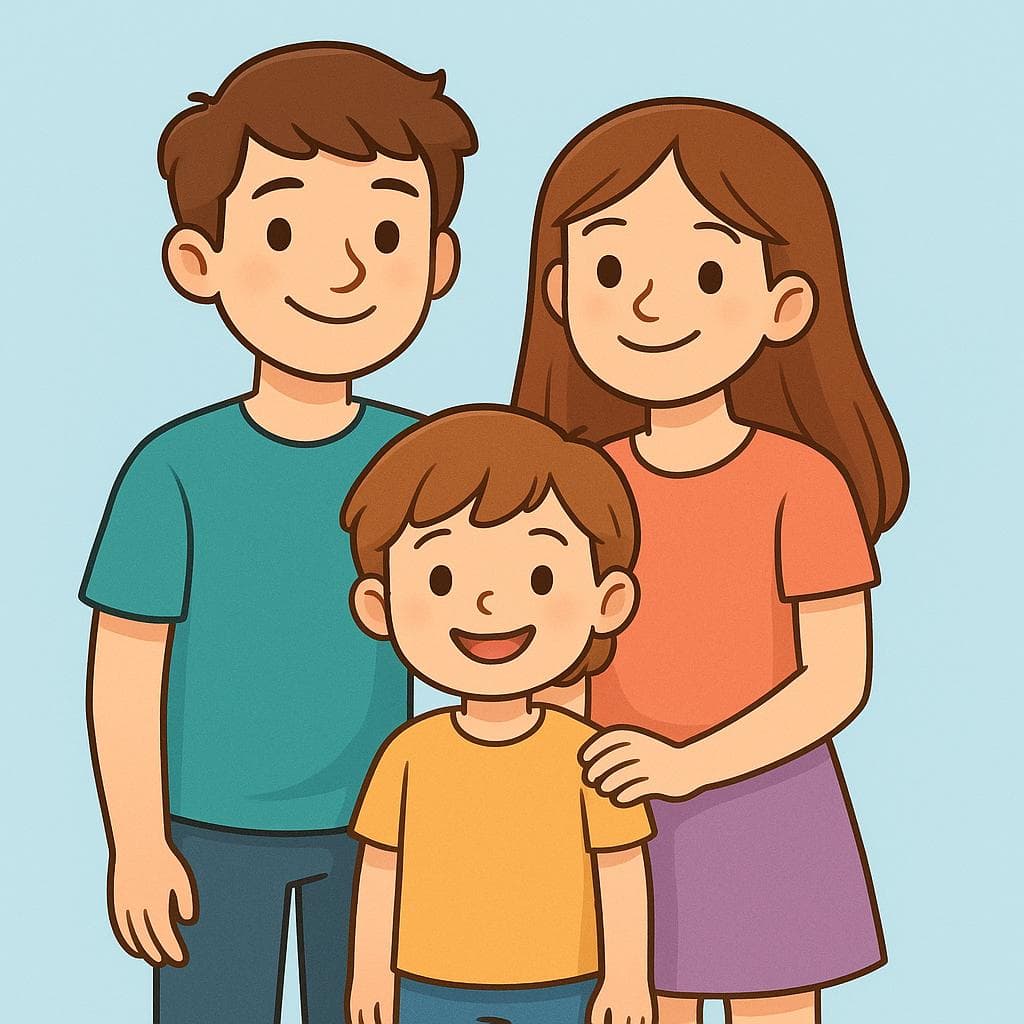 A cartoon drawing of three siblings, a teenage boy, a teenage girl, and a younger child, smiling and hugging.