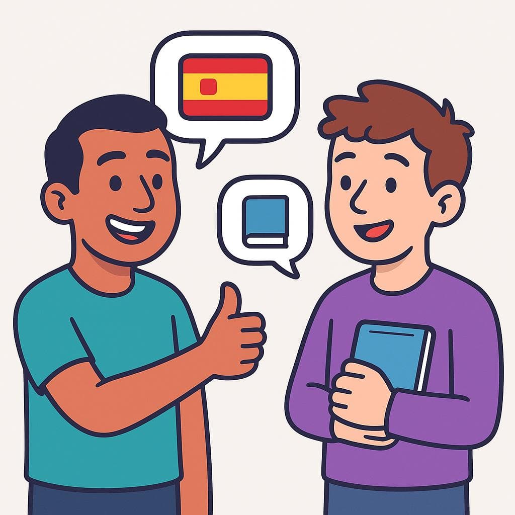 A cartoon showing one person with a Spanish flag icon complimenting another person with a book icon on their language skills.