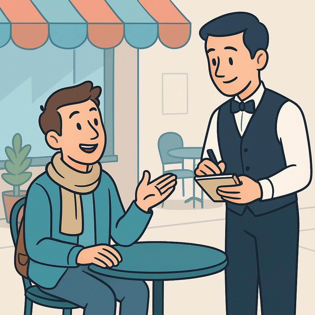 A person at a restaurant table politely asking a waiter for the menu.