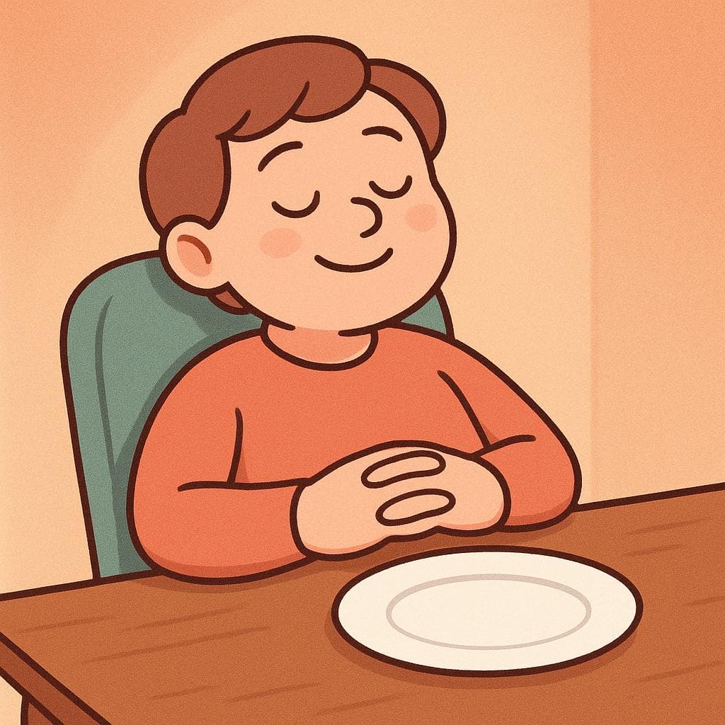 A happy person leaning back in a chair holding their stomach after a good meal