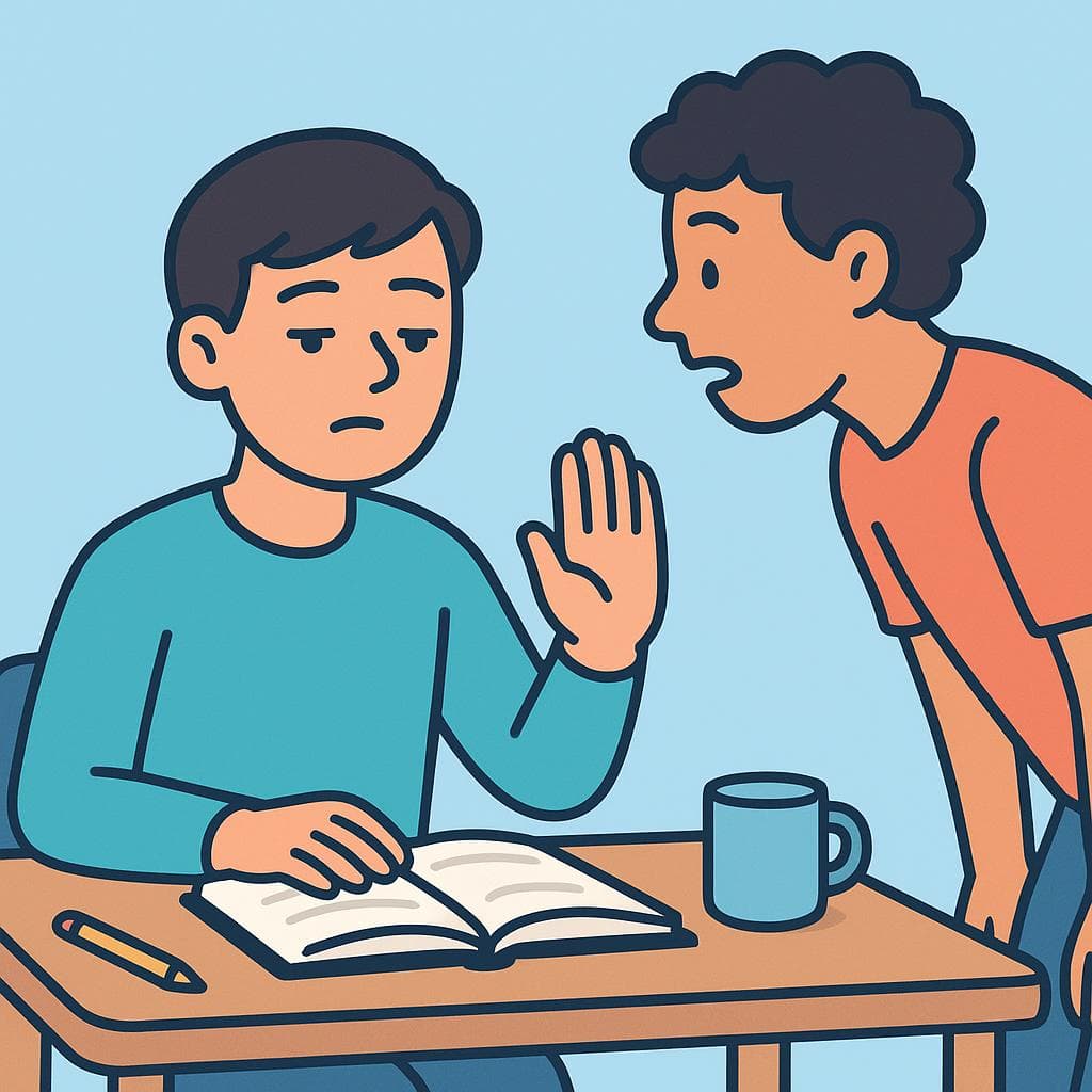 A cartoon person asking for space to be left alone while they are trying to focus on a book.